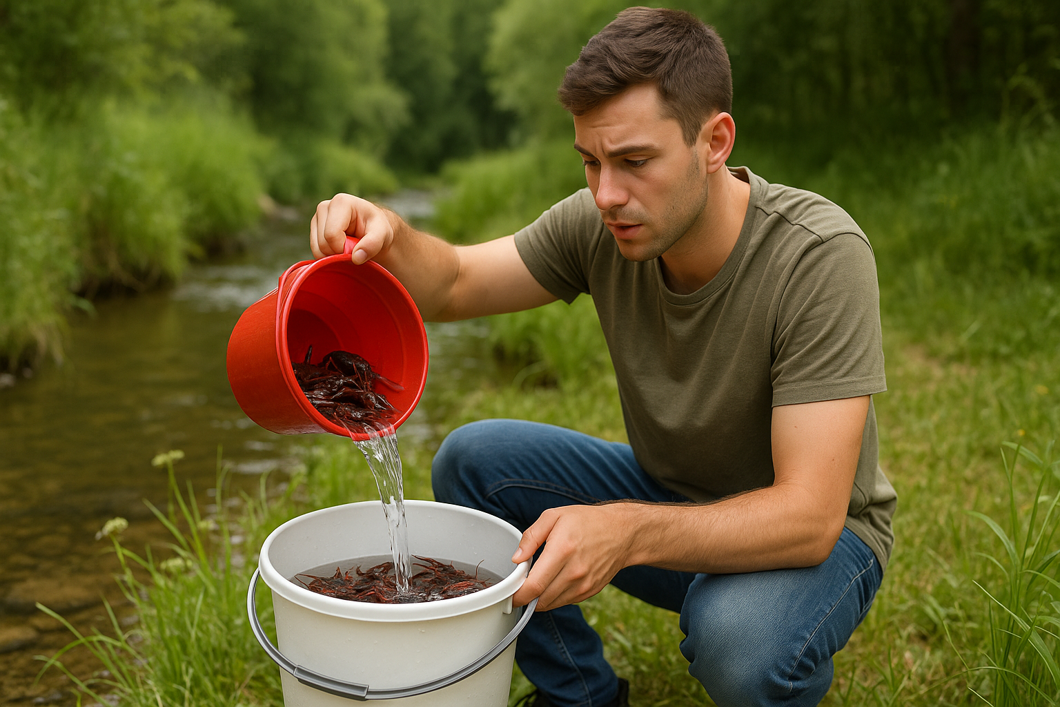 アメリカザリガニの泥抜きをしている男性