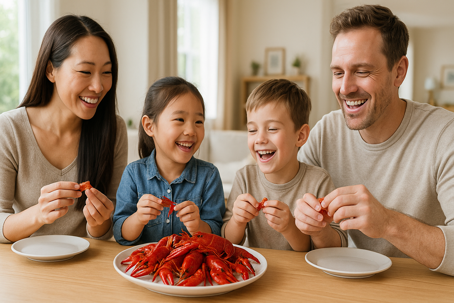 アメリカザリガニを美味しく楽しんでいる家族の暖かい雰囲気