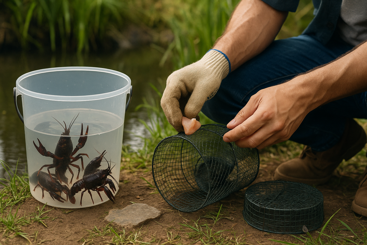 数匹のアメリカザリガニを捕獲しているイメージ